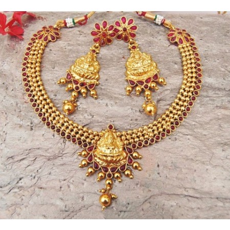Lakshmi Red Kemp Temple Necklace Set 